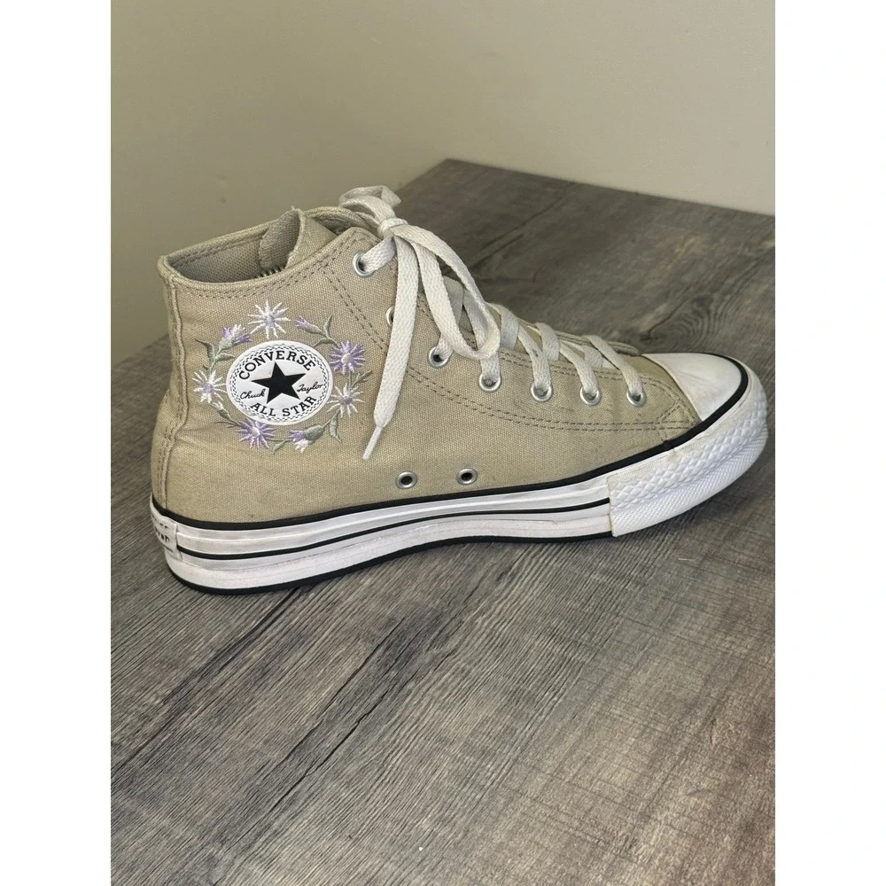 Converse Chuck Taylor All Star High Top Khaki Tan Floral Embroidered Shoes 6 Kid